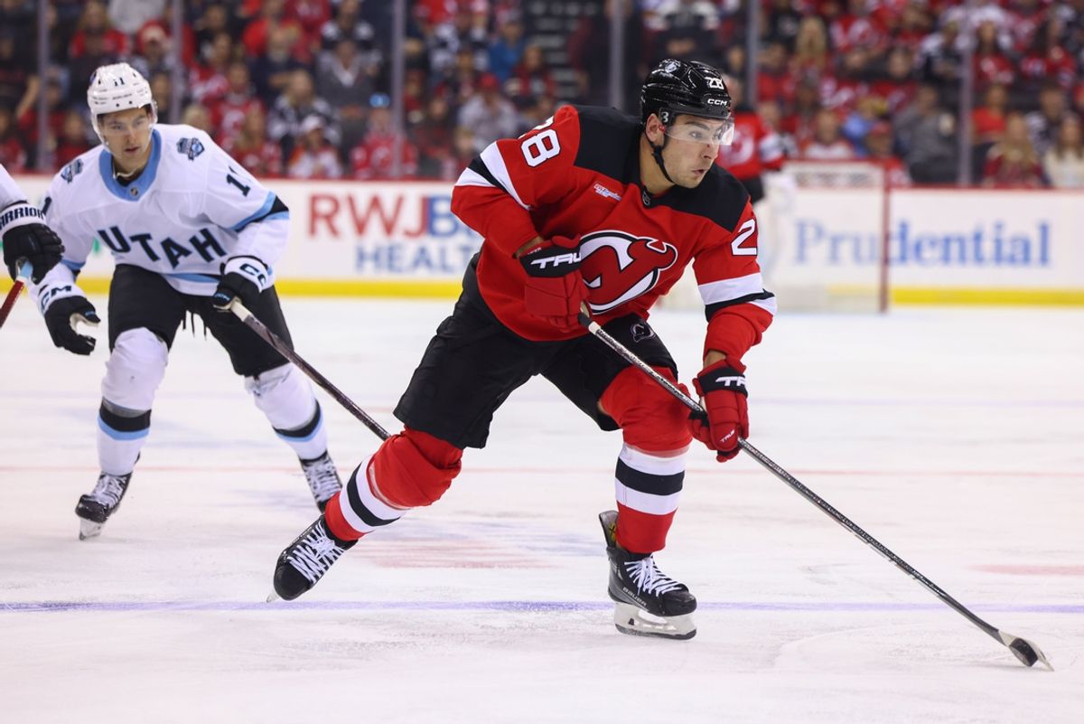 Oct 14, 2024; Newark, New Jersey, USA; New Jersey Devils right wing Timo Meier (28) skates with the puck against the Utah Hockey Club during the second period at Prudential Center. Mandatory Credit: Ed Mulholland-Imagn Images