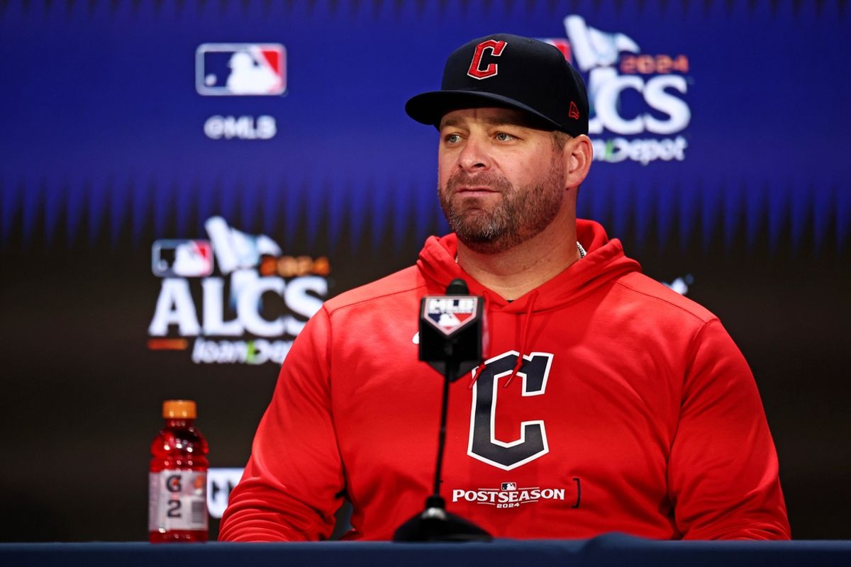 Oct 14, 2024; Bronx, New York, USA; Cleveland Guardians manager Stephen Vogt  listens during a press conference before playing against the New York Yankees in game one of the ALCS for the 2024 MLB Playoffs at Yankee Stadium. Mandatory Credit: Vincent Carchietta-Imagn Images