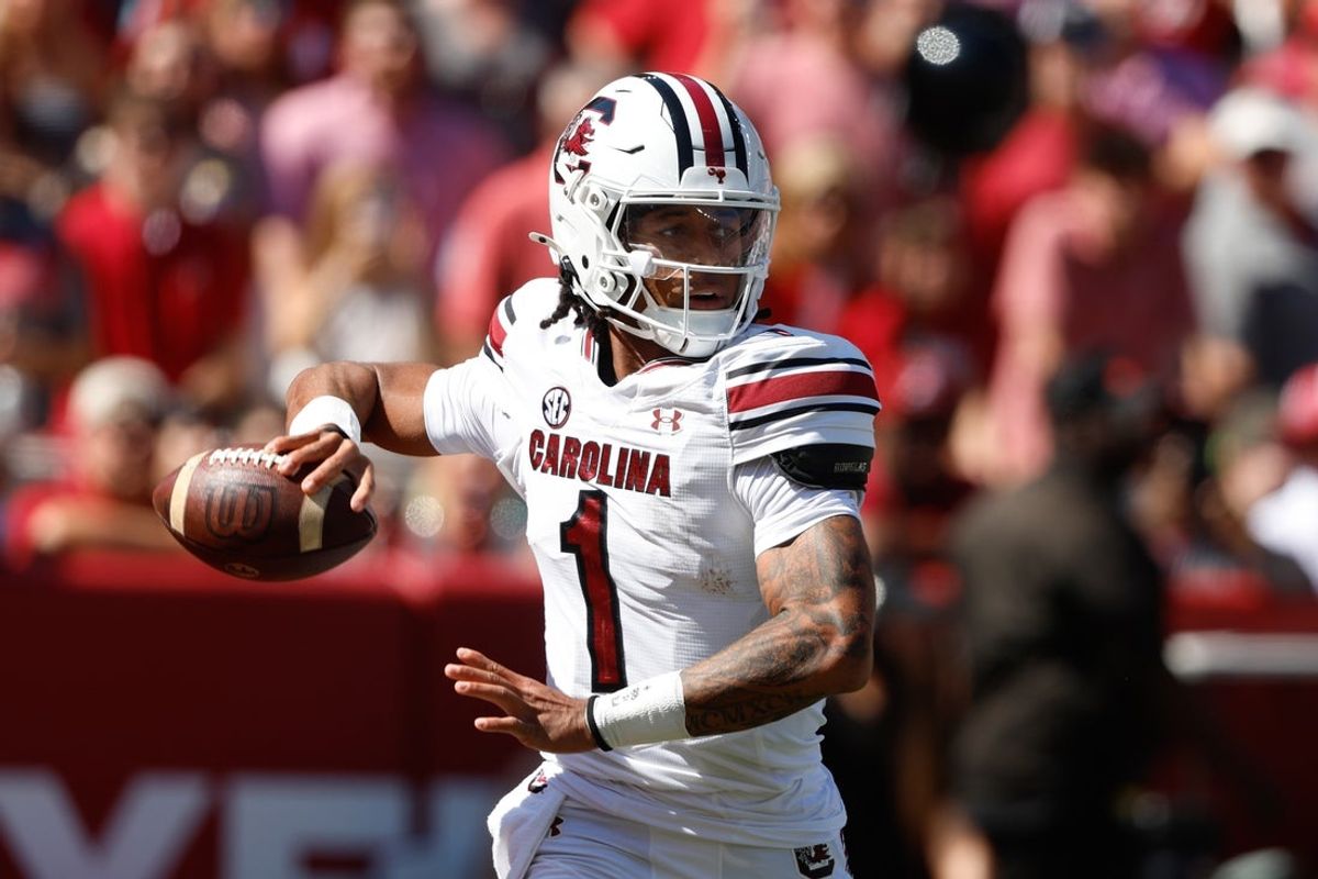 Oct 12, 2024; Tuscaloosa, Alabama, USA;  South Carolina Gamecocks quarterback Robby Ashford (1) throws a pass during the first half at Bryant-Denny Stadium. Mandatory Credit: Butch Dill-Imagn Images