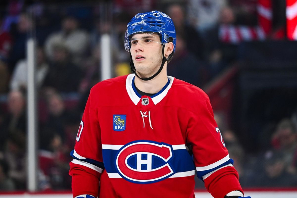 Oct 12, 2024; Montreal, Quebec, CAN; Montreal Canadiens left wing Juraj Slafkovsky (20) looks on against the Ottawa Senators during the first period at Bell Centre. Mandatory Credit: David Kirouac-Imagn Images