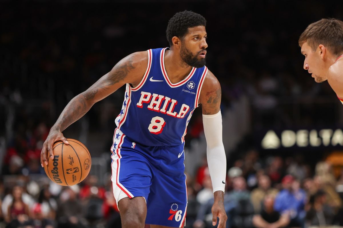 Oct 14, 2024; Atlanta, Georgia, USA; Philadelphia 76ers forward Paul George (8) dribbles against the Atlanta Hawks in the second quarter at State Farm Arena. Mandatory Credit: Brett Davis-Imagn Images