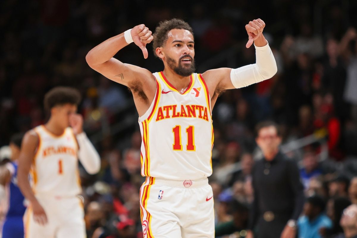 Oct 14, 2024; Atlanta, Georgia, USA; Atlanta Hawks guard Trae Young (11) reacts after an offensive foul against the Philadelphia 76ers in the second quarter at State Farm Arena. Mandatory Credit: Brett Davis-Imagn Images