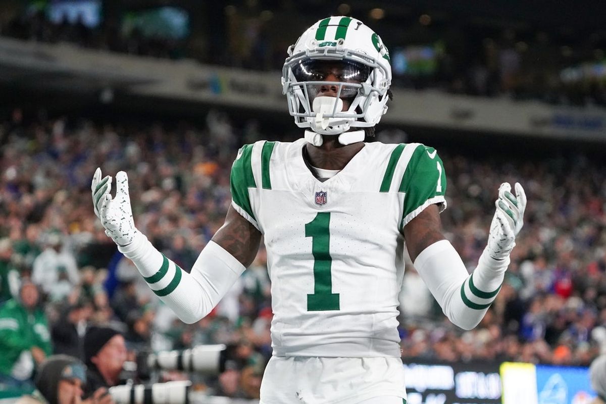 Oct 14, 2024; East Rutherford, New Jersey, USA; New York Jets cornerback Sauce Gardner (1) reacts to a call during the first half against the Buffalo Bills at MetLife Stadium. Mandatory Credit: Lucas Boland-Imagn Images