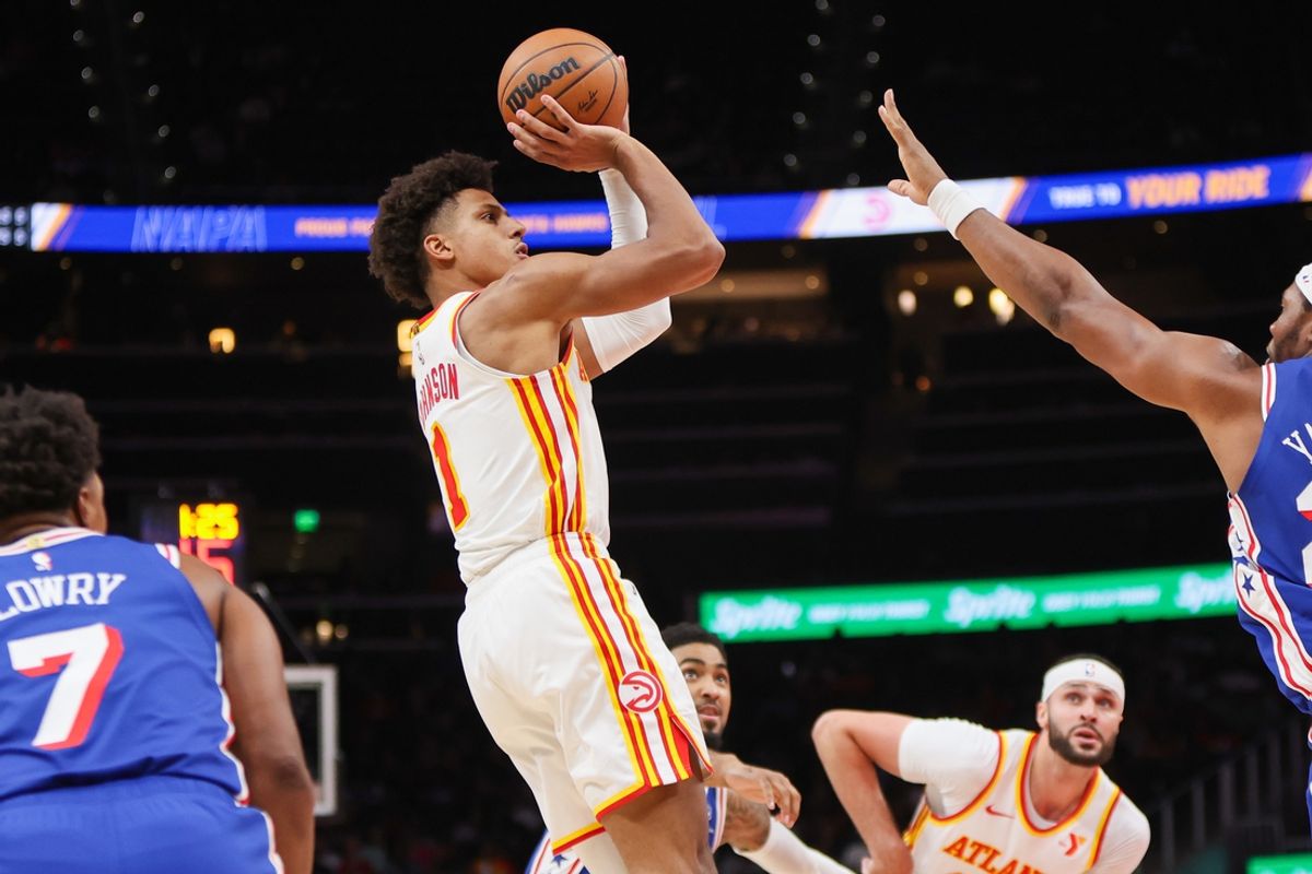 Oct 14, 2024; Atlanta, Georgia, USA; Atlanta Hawks forward Jalen Johnson (1) shoots against the Philadelphia 76ers in the third quarter at State Farm Arena. Mandatory Credit: Brett Davis-Imagn Images