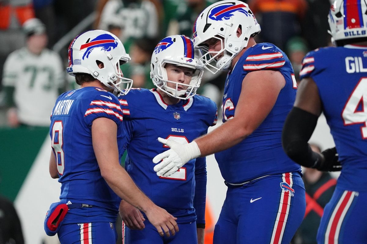 Oct 14, 2024; East Rutherford, New Jersey, USA; Buffalo Bills kicker Tyler Bass (2) celebrates a field goal with teammates during the second half against the New York Jets at MetLife Stadium. Mandatory Credit: Lucas Boland-Imagn Images