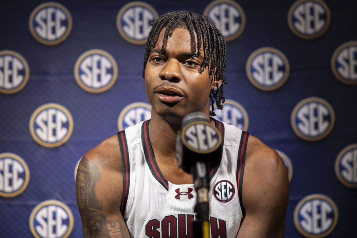 Oct 15, 2024; Birmingham, AL, USA; South Carolina Gamecocks forward Nick Pringl talks with the media during SEC Media Days at Grand Bohemian Hotel. Mandatory Credit: Vasha Hunt-Imagn Images