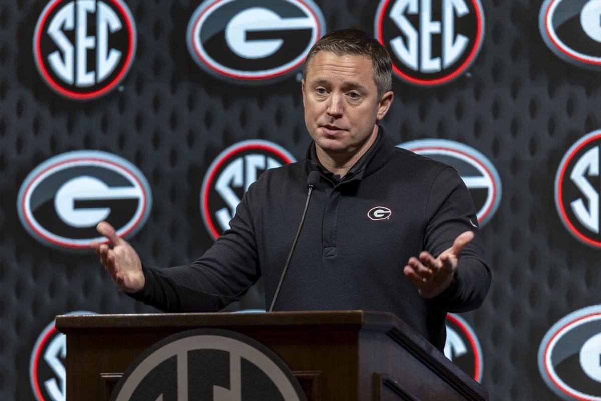 Oct 15, 2024; Birmingham, AL, USA; Georgia Bulldogs head coach Mike White talks with the media during SEC Media Days at Grand Bohemian Hotel. Mandatory Credit: Vasha Hunt-Imagn Images