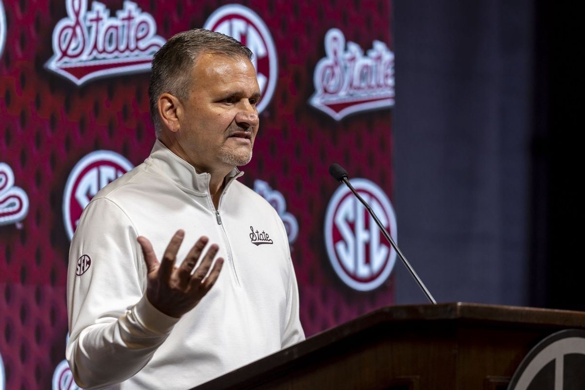 Oct 15, 2024; Birmingham, AL, USA; Mississippi State Bulldogs head coach Chris Jans talks with the media during SEC Media Days at Grand Bohemian Hotel. Mandatory Credit: Vasha Hunt-Imagn Images
