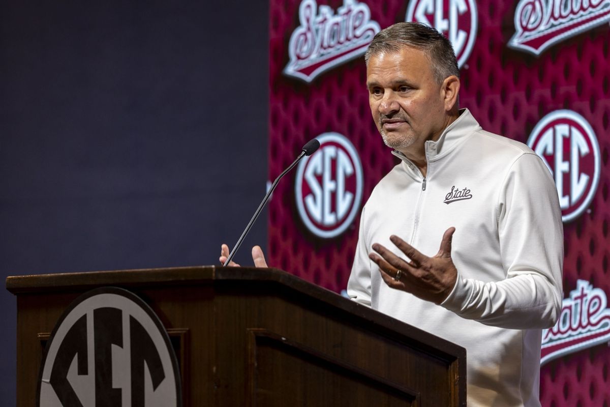 Oct 15, 2024; Birmingham, AL, USA; Mississippi State Bulldogs head coach Chris Jans talks with the media during SEC Media Days at Grand Bohemian Hotel. Mandatory Credit: Vasha Hunt-Imagn Images