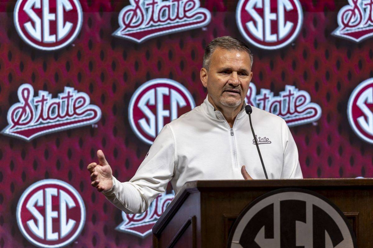 Oct 15, 2024; Birmingham, AL, USA; Mississippi State Bulldogs head coach Chris Jans talks with the media during SEC Media Days at Grand Bohemian Hotel. Mandatory Credit: Vasha Hunt-Imagn Images