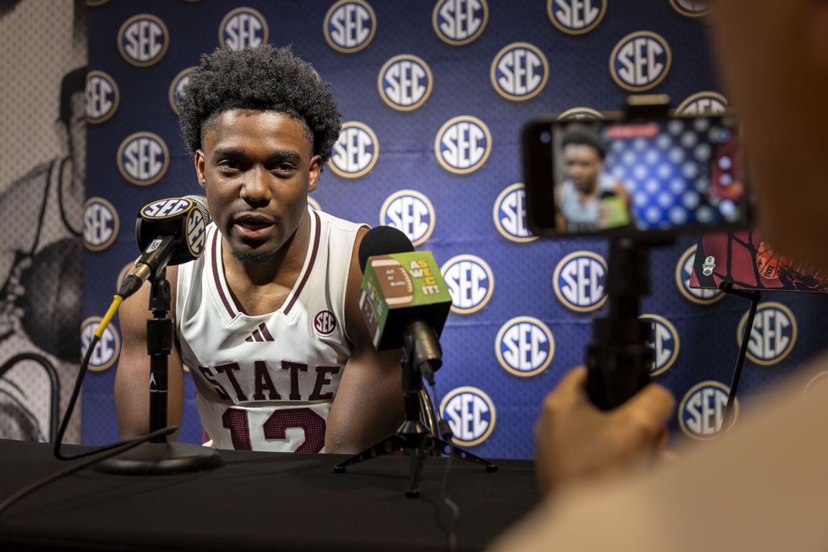 Oct 15, 2024; Birmingham, AL, USA; Mississippi State Bulldogs guard Josh Hubbard talks with the media during SEC Media Days at Grand Bohemian Hotel. Mandatory Credit: Vasha Hunt-Imagn Images