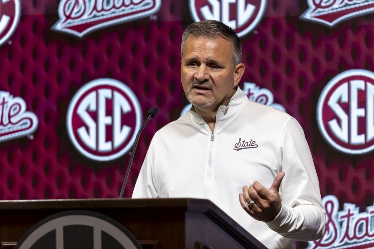 Oct 15, 2024; Birmingham, AL, USA; Mississippi State Bulldogs head coach Chris Jans talks with the media during SEC Media Days at Grand Bohemian Hotel. Mandatory Credit: Vasha Hunt-Imagn Images