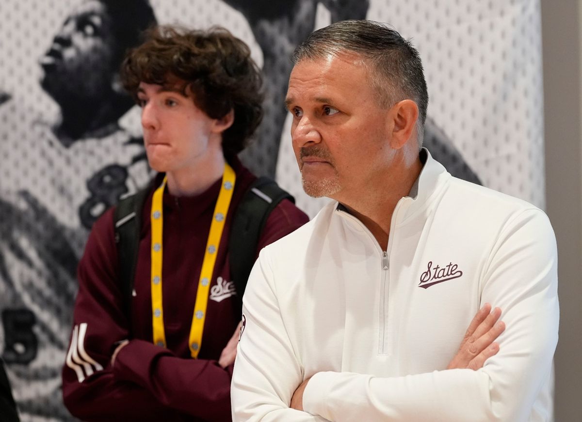 Mississippi State head coach Chris Jans waits to be introduced during SEC Media Day at the Grand Bohemian Hotel in Mountain Brook Tuesday, Oct. 15, 2024.