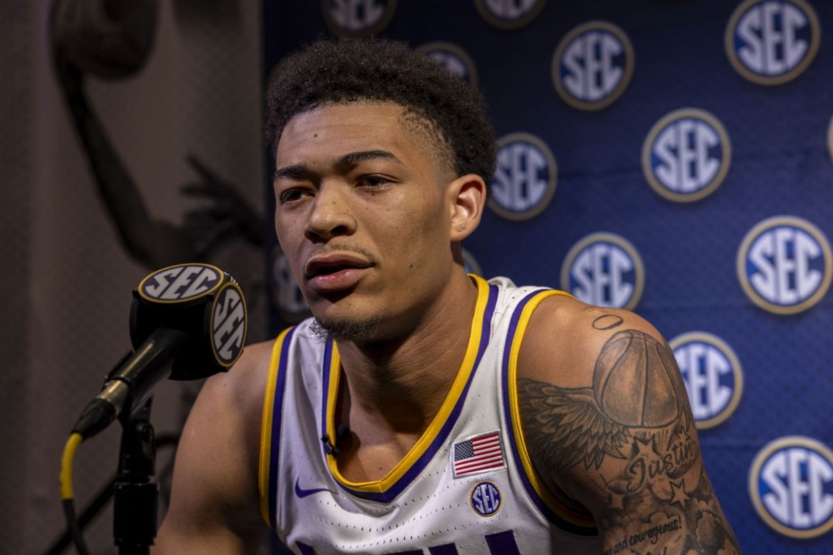 Oct 15, 2024; Birmingham, AL, USA; LSU Tigers forward Jalen Reed talks with the media during SEC Media Days at Grand Bohemian Hotel. Mandatory Credit: Vasha Hunt-Imagn Images