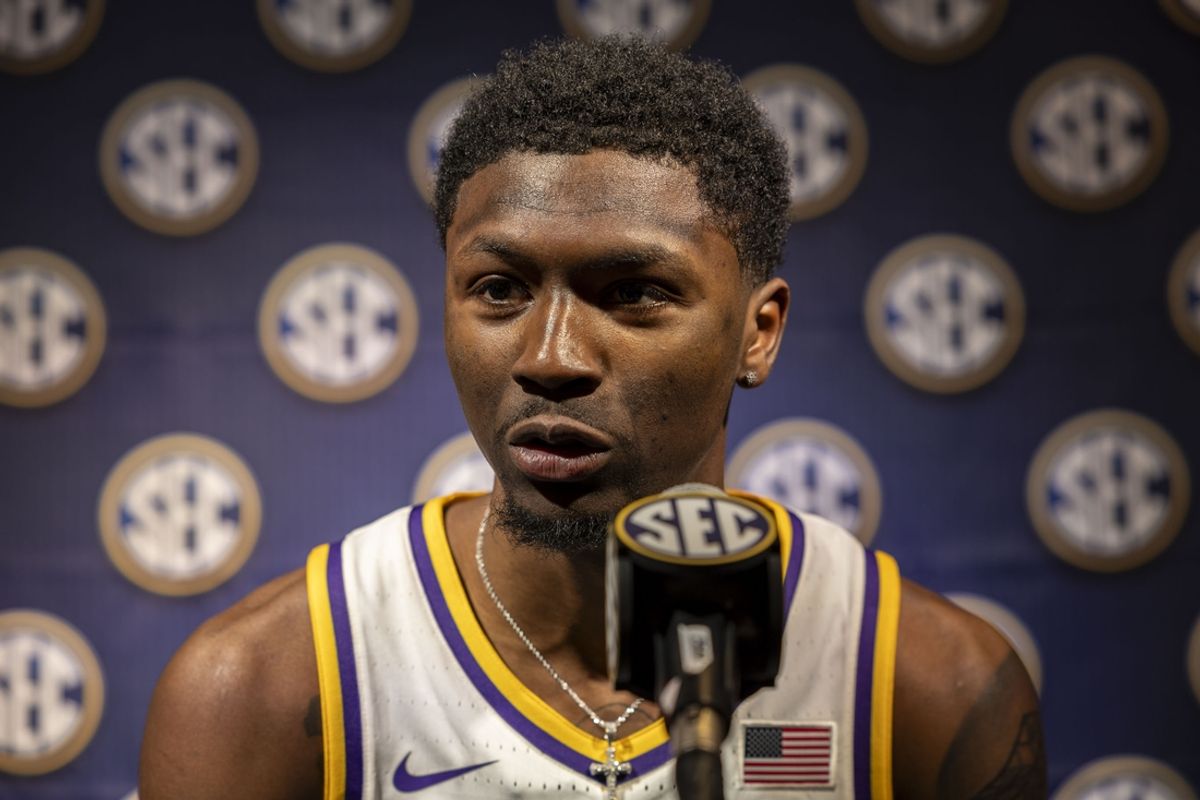 Oct 15, 2024; Birmingham, AL, USA; LSU Tigers guard Cam Carter talks with the media during SEC Media Days at Grand Bohemian Hotel. Mandatory Credit: Vasha Hunt-Imagn Images