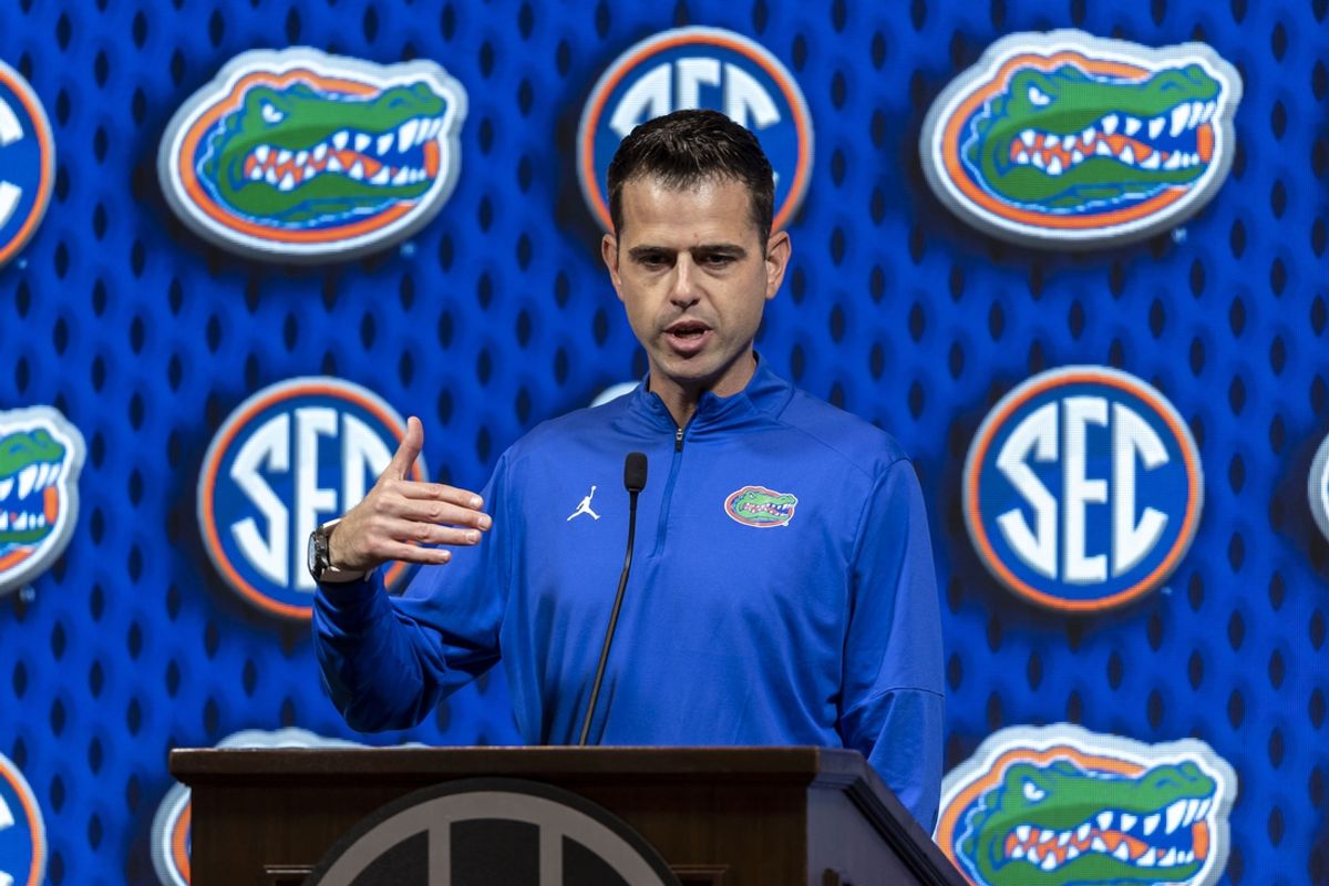 Oct 15, 2024; Birmingham, AL, USA; Florida Gators head coach Todd Golden talks with the media during SEC Media Days at Grand Bohemian Hotel. Mandatory Credit: Vasha Hunt-Imagn Images