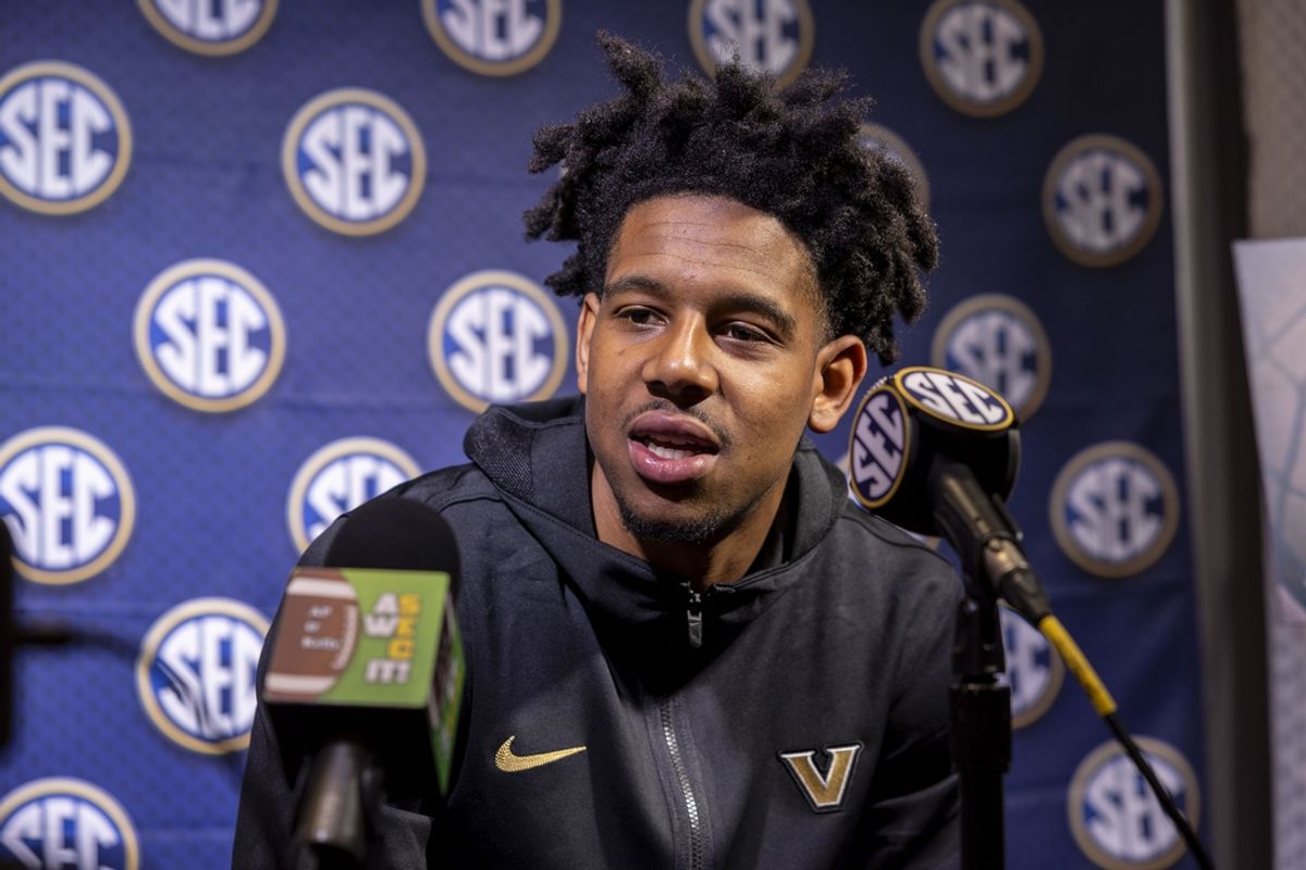Oct 15, 2024; Birmingham, AL, USA; Vanderbilt Commodores guard AJ Hoggard talks with the media during SEC Media Days at Grand Bohemian Hotel. Mandatory Credit: Vasha Hunt-Imagn Images