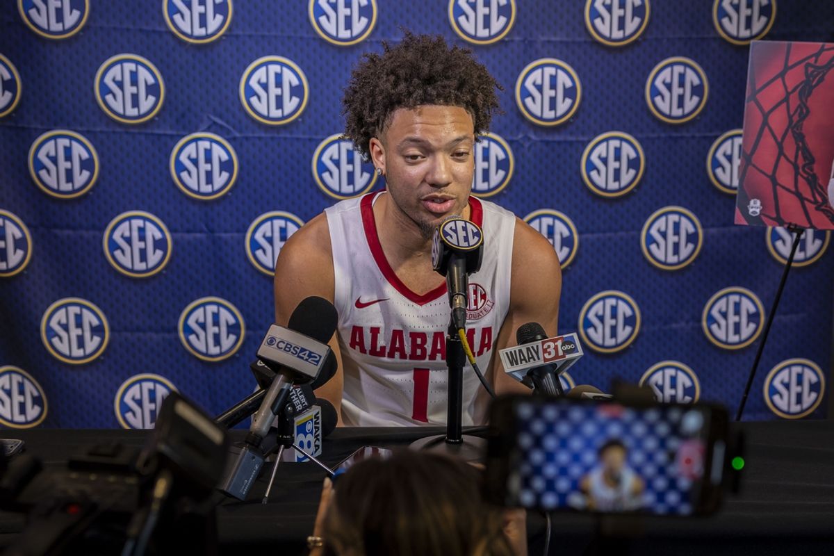 Oct 15, 2024; Birmingham, AL, USA; Alabama Crimson Tide guard Mark Sears talks with the media during SEC Media Days at Grand Bohemian Hotel. Mandatory Credit: Vasha Hunt-Imagn Images