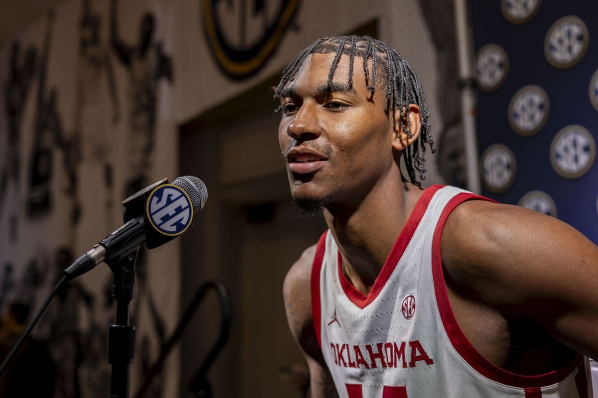 Oct 15, 2024; Birmingham, AL, USA; Oklahoma Sooners forward Jalon Moore talks with the media during SEC Media Days at Grand Bohemian Hotel. Mandatory Credit: Vasha Hunt-Imagn Images