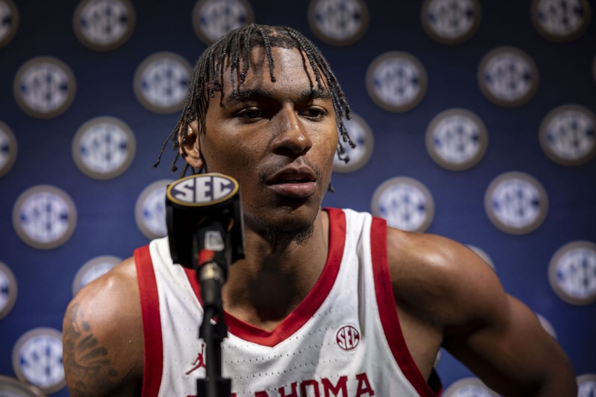 Oct 15, 2024; Birmingham, AL, USA; Oklahoma Sooners forward Jalon Moore talks with the media during SEC Media Days at Grand Bohemian Hotel. Mandatory Credit: Vasha Hunt-Imagn Images