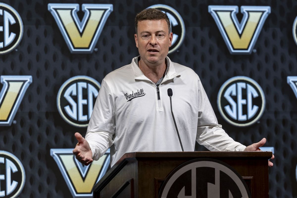 Oct 15, 2024; Birmingham, AL, USA; Vanderbilt Commodores head coach Mark Byington talks with the media during SEC Media Days at Grand Bohemian Hotel. Mandatory Credit: Vasha Hunt-Imagn Images