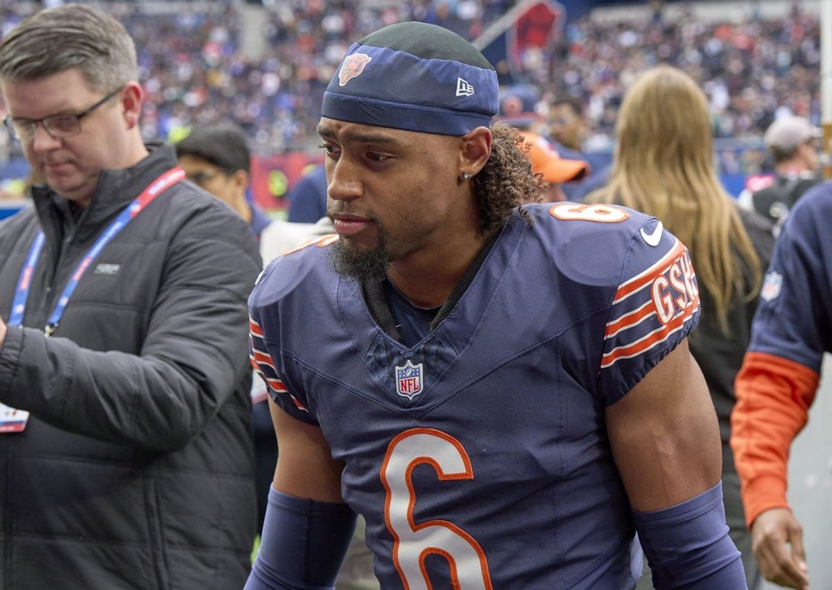 Oct 13, 2024; London, United Kingdom; Chicago Bears cornerback Kyler Gordon (6) leaves the field after an NFL International Series game at Tottenham Hotspur Stadium. Mandatory Credit: Peter van den Berg-Imagn Images