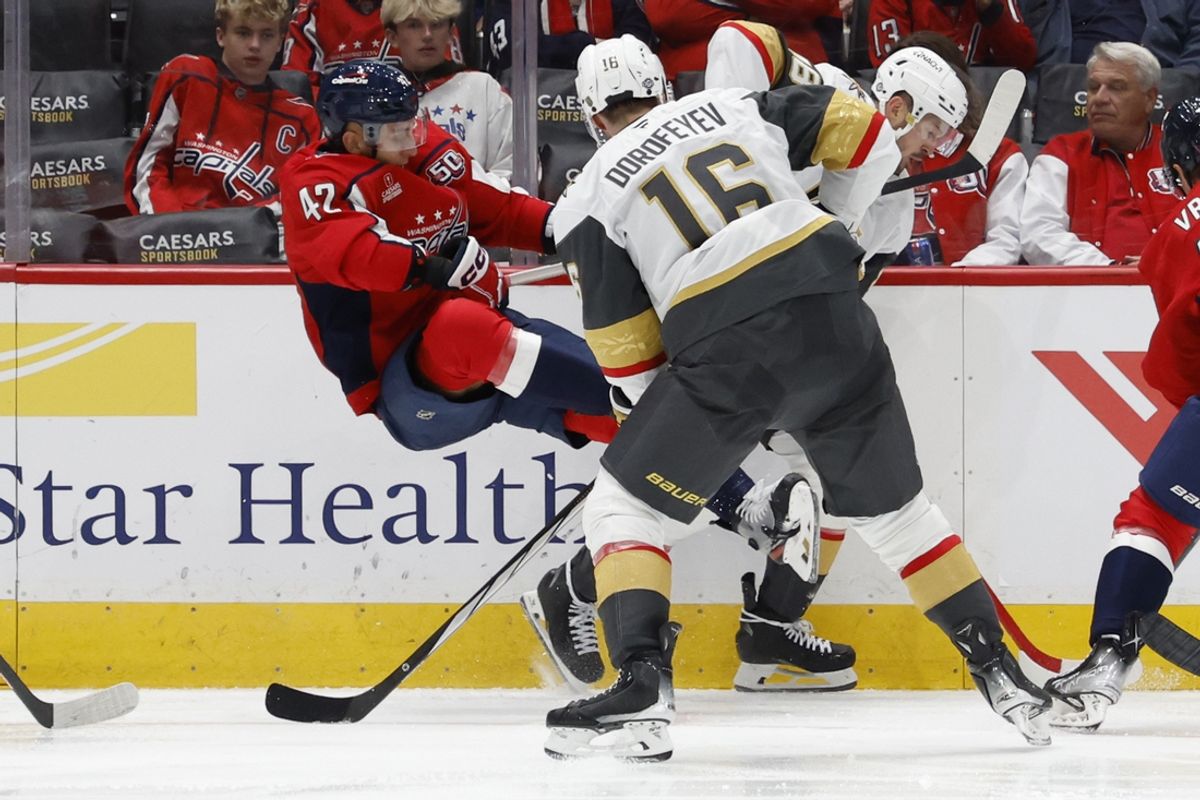 Oct 15, 2024; Washington, District of Columbia, USA; Washington Capitals defenseman Martin Fehervary (42) is checked by Vegas Golden Knights center Tomas Hertl (48) while battling for the puck in the second period at Capital One Arena. Mandatory Credit: Geoff Burke-Imagn Images