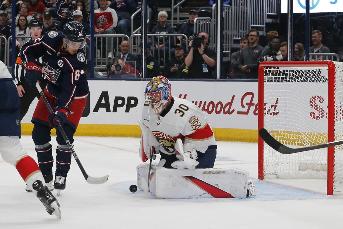 Oct 15, 2024; Columbus, Ohio, USA; Florida Panthers goalie Spencer Knight (30) makes a save on the shot from Columbus Blue Jackets left wing Mikael Pyyhtia (82) during the second period at Nationwide Arena. Mandatory Credit: Russell LaBounty-Imagn Images