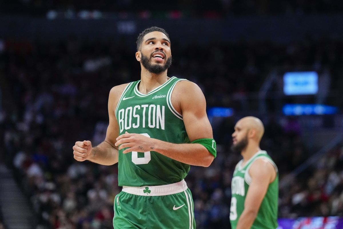 Oct 15, 2024; Toronto, Ontario, CAN; Boston Celtics forward Jayson Tatum (0) looks on against the Toronto Raptors during the second half at Scotiabank Arena. Mandatory Credit: Kevin Sousa-Imagn Images