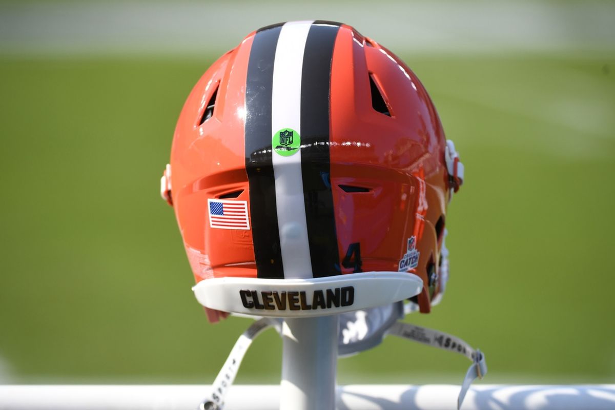 Oct 13, 2024; Philadelphia, Pennsylvania, USA; Cleveland Browns helmet on the bench before game against the Philadelphia Eagles at Lincoln Financial Field. Mandatory Credit: Eric Hartline-Imagn Images