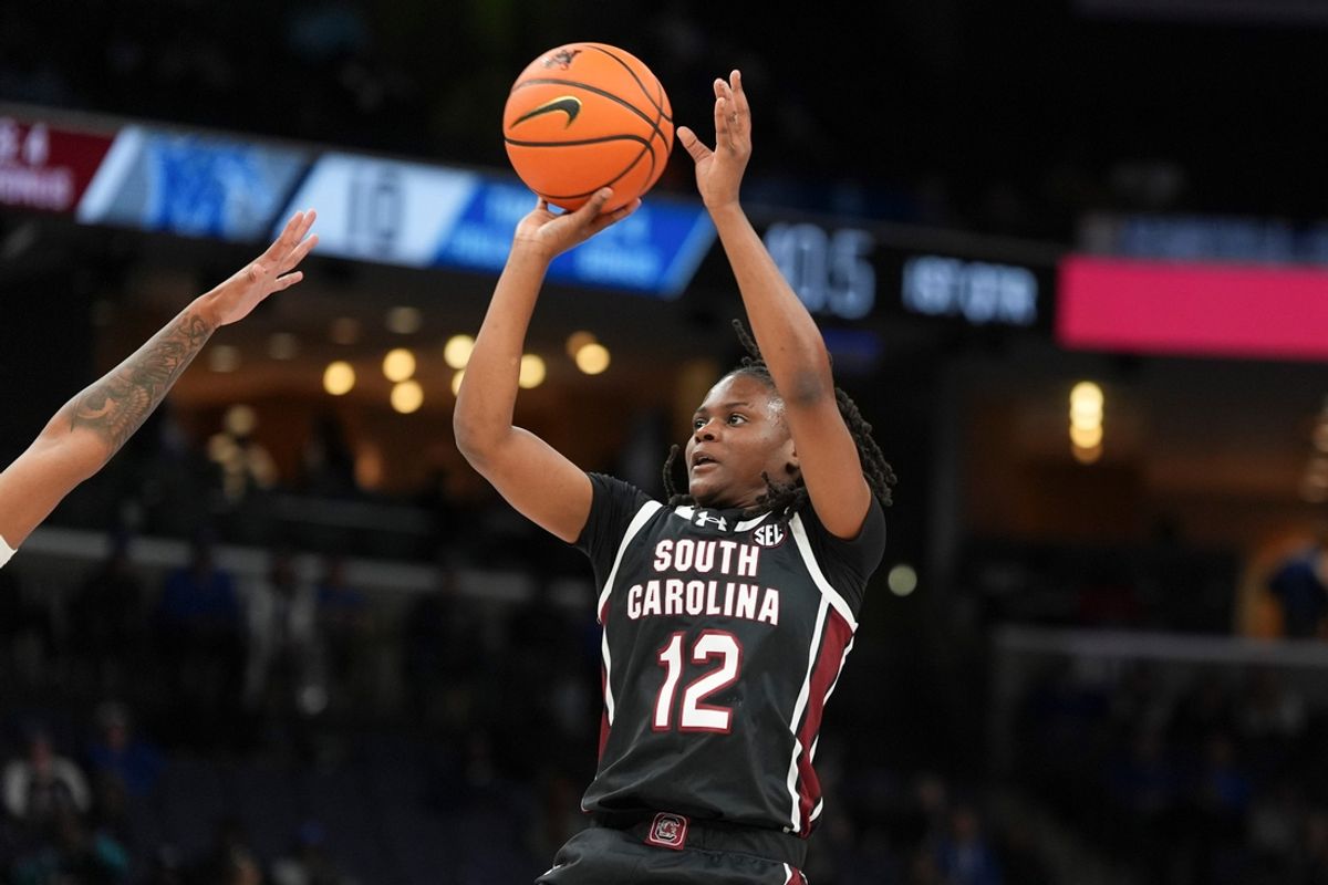 South Carolina's MiLaysia Fulwiley (12) shoots the ball during the game between South Carolina and Memphis in the Hoops for St. Jude Tip Off Classic at FedExForum on Tuesday, October 15, 2024.