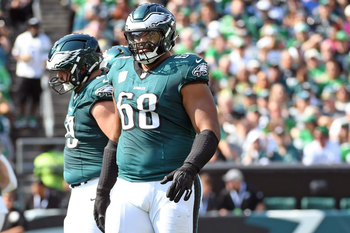 Oct 13, 2024; Philadelphia, Pennsylvania, USA; Philadelphia Eagles offensive tackle Jordan Mailata (68) against the Cleveland Browns at Lincoln Financial Field. Mandatory Credit: Eric Hartline-Imagn Images