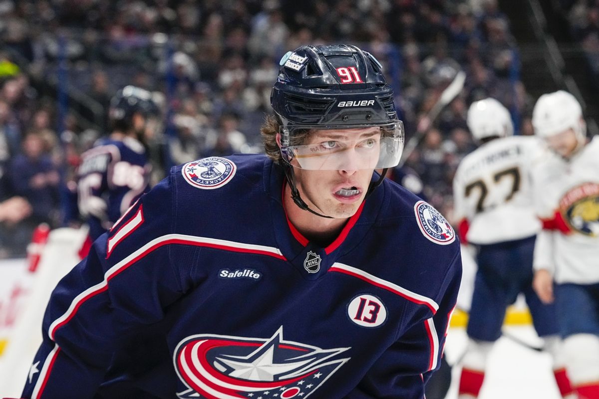 Oct 15, 2024; Columbus, Ohio, USA; Columbus Blue Jackets center Kent Johnson (91) skates on the ice in the third period during the home opener at Nationwide Arena. Mandatory Credit: Samantha Mada-Imagn Images