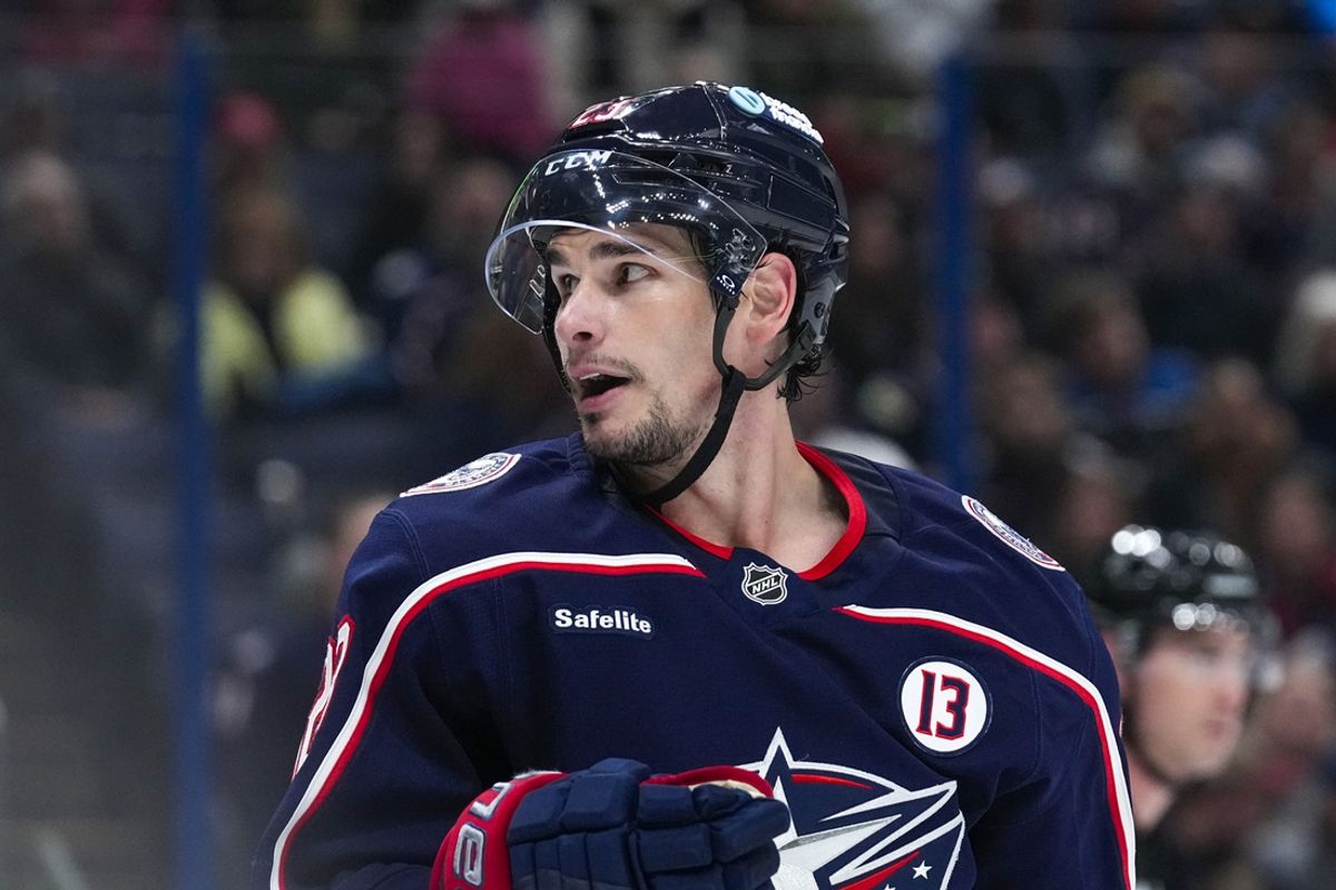 Oct 15, 2024; Columbus, Ohio, USA; Columbus Blue Jackets center Sean Monahan (23) looks at a teammate in the third period during the home opener at Nationwide Arena. Mandatory Credit: Samantha Mada-Imagn Images