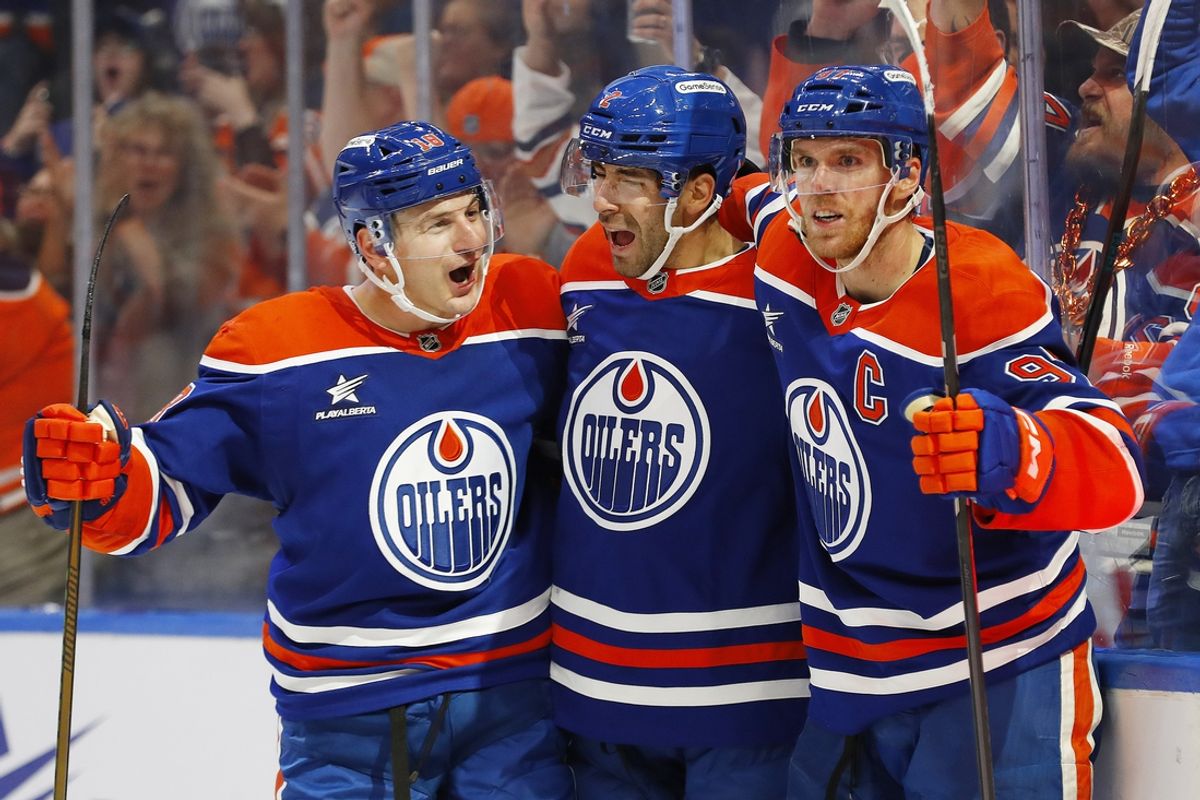 Oct 15, 2024; Edmonton, Alberta, CAN;  at The Edmonton Oilers celebrate a goal scored by defensemen Evan Bouchard (2) during the third period against the Philadelphia Flyers at Rogers Place. Mandatory Credit: Perry Nelson-Imagn Images