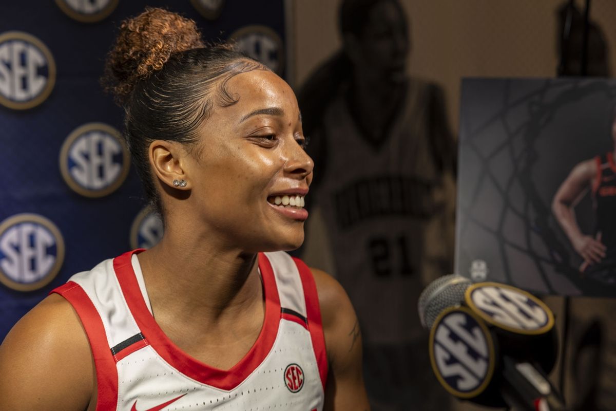 Oct 16, 2024; Birmingham, AL, USA; Georgia Bulldogs guard Asia Avinger talks with the media during SEC Media Days at Grand Bohemian Hotel. Mandatory Credit: Vasha Hunt-Imagn Images