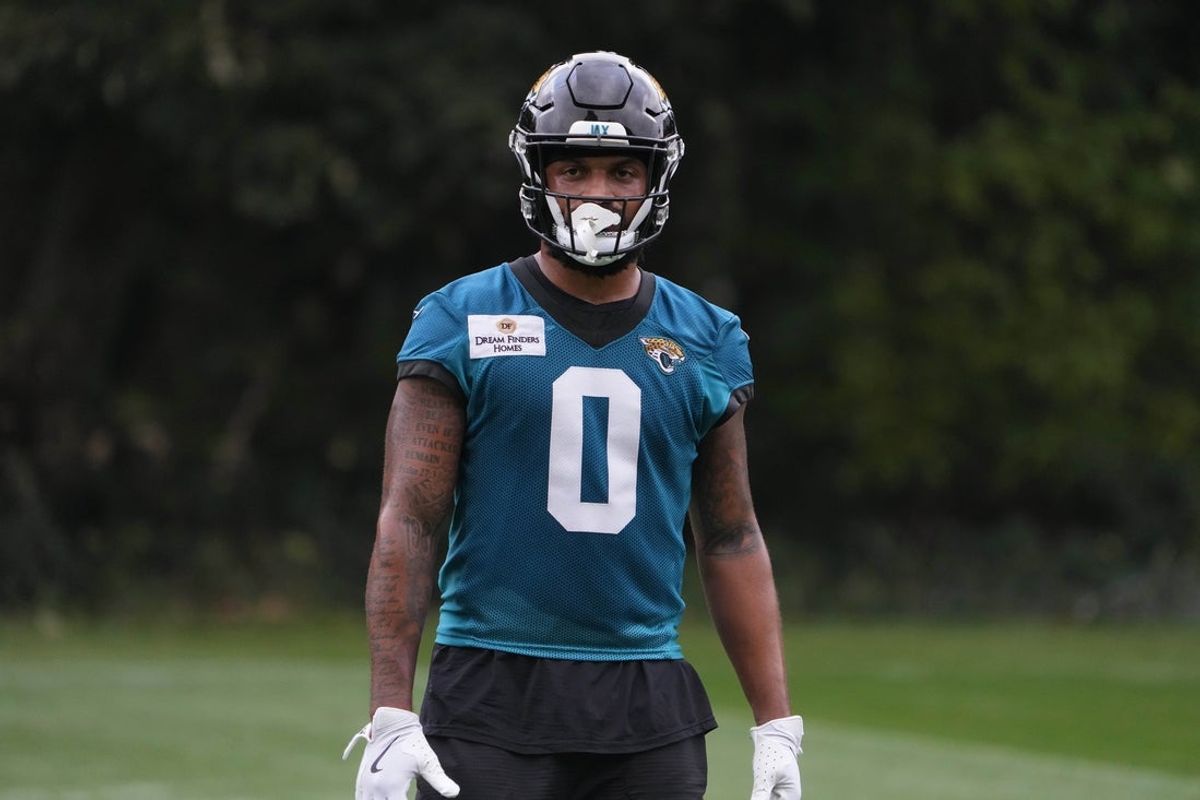 Oct 16, 2024; Watford, United Kingdom; Jacksonville Jaguars wide receiver Gabe Davis (0) during practice at The Grove. Mandatory Credit: Kirby Lee-Imagn Images