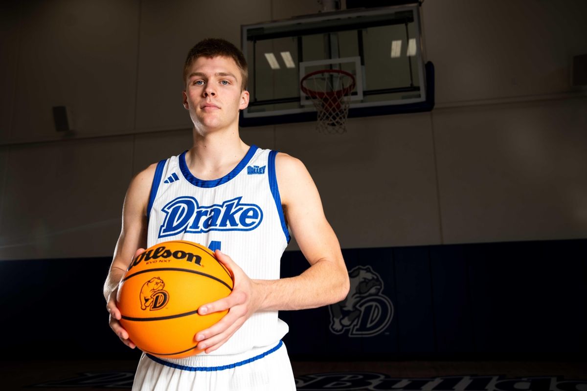 Bennett Stirtz stands for a photo during Drake's men's basketball media day on Wednesday, Oct. 16, 2024, at the Knapp Center.