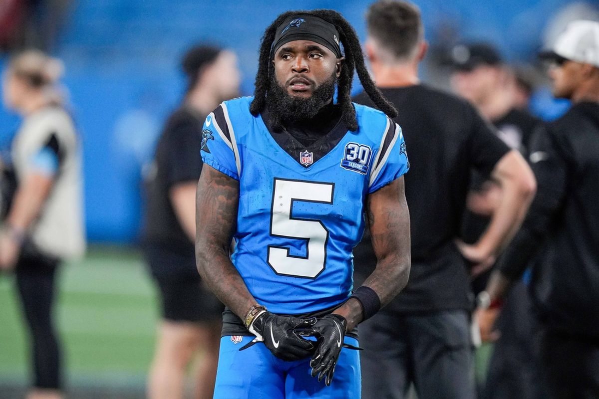 Oct 13, 2024; Charlotte, North Carolina, USA; Carolina Panthers wide receiver Diontae Johnson (5) during the second half at Bank of America Stadium. Mandatory Credit: Jim Dedmon-Imagn Images