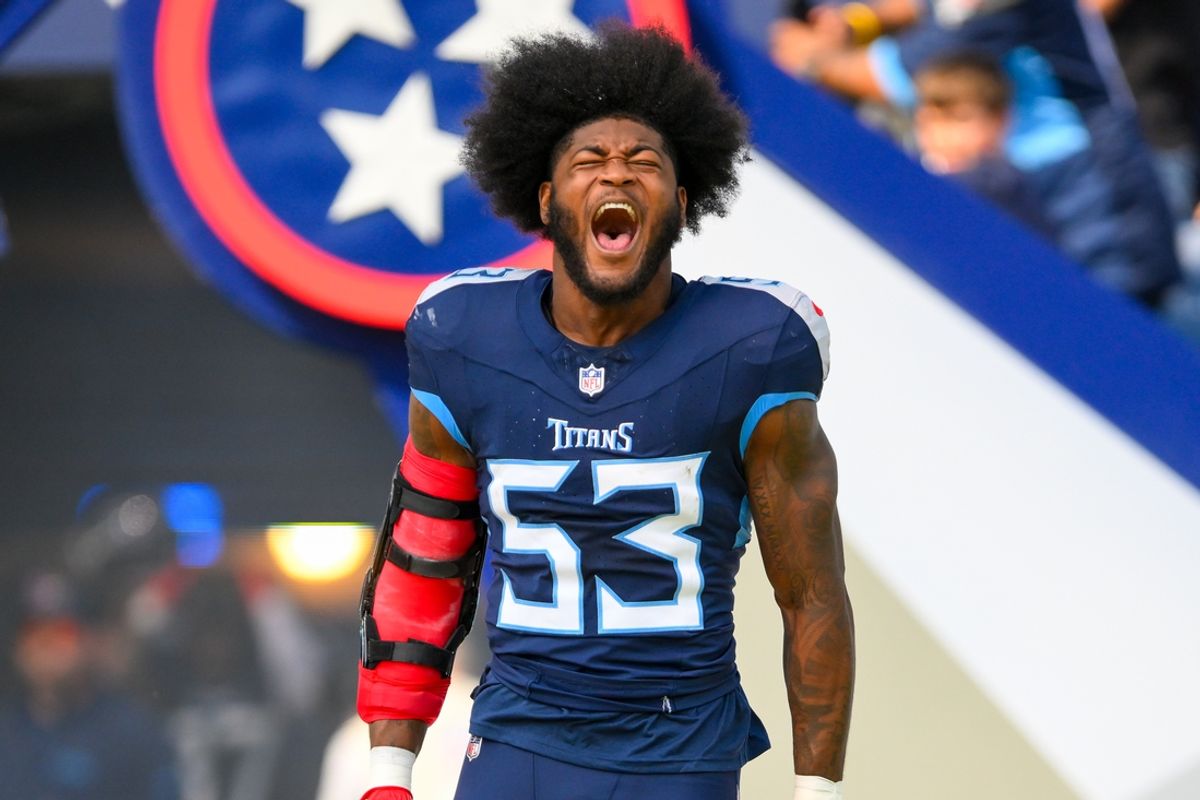 Oct 13, 2024; Nashville, Tennessee, USA;  Tennessee Titans linebacker Ernest Jones, IV screams during pregame warmups against the Indianapolis Colts at Nissan Stadium. Mandatory Credit: Steve Roberts-Imagn Images