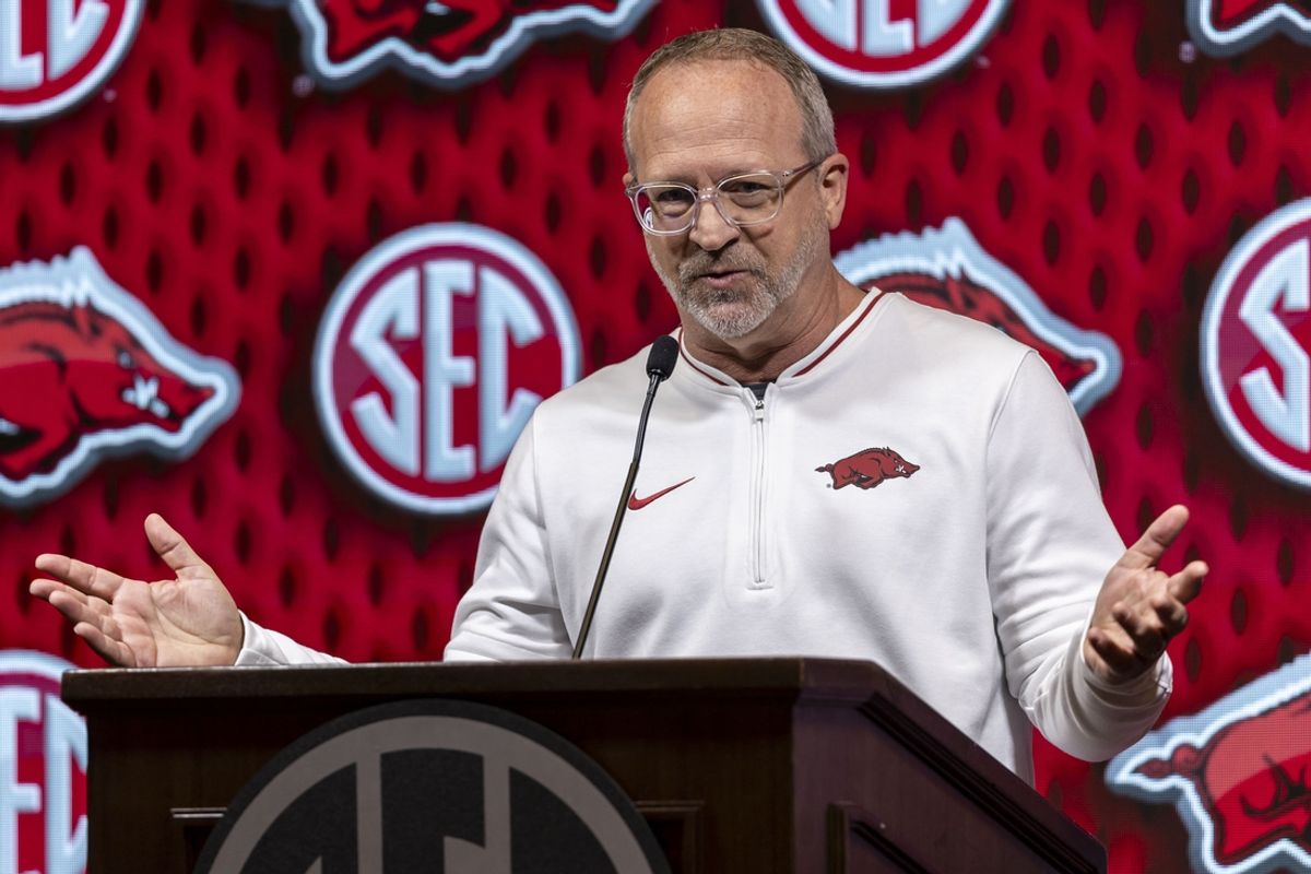 Oct 16, 2024; Birmingham, AL, USA; Arkansas Razorbacks head coach Mike Neighbors talks with the media during SEC Media Days at Grand Bohemian Hotel. Mandatory Credit: Vasha Hunt-Imagn Images