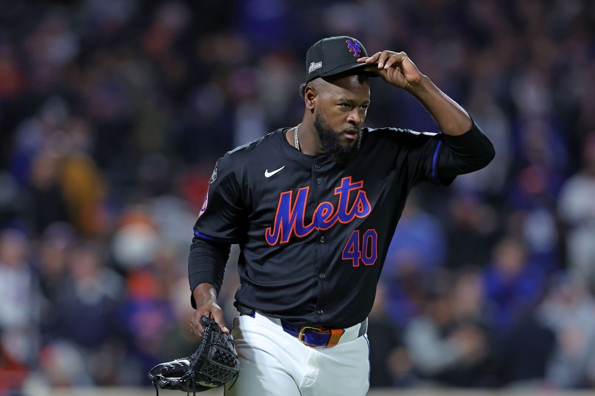 Oct 16, 2024; New York City, New York, USA;New York Mets pitcher Luis Severino (40) reacts after an out  in the third inning during game three of the NLCS for the 2024 MLB playoffs at Citi Field. Mandatory Credit: Brad Penner-Imagn Images
