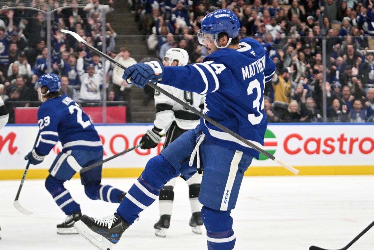 Oct 16, 2024; Toronto, Ontario, CAN;  Toronto Maple Leafs forward Auston Matthews (34) celebrates after scoring a goal against the Los Angeles Kings in the first period at Scotiabank Arena. Mandatory Credit: Dan Hamilton-Imagn Images