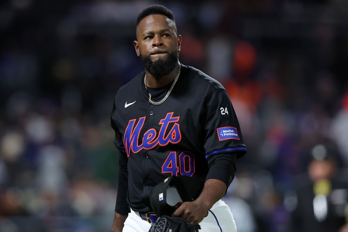 Oct 16, 2024; New York City, New York, USA; New York Mets pitcher Luis Severino (40) reacts after striking out a Los Angeles Dodgers batter in the fourth inning during game three of the NLCS for the 2024 MLB playoffs at Citi Field. Mandatory Credit: Brad Penner-Imagn Images