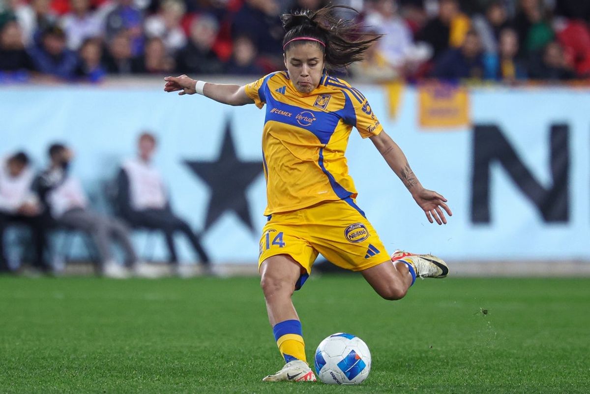 Oct 16, 2024; Harrison, NJ, USA; Tigres UANL forward Jacqueline Ovalle (14) kicks the ball during the second half against NJ/NY Gotham FC at Red Bull Arena. Mandatory Credit: Vincent Carchietta-Imagn Images