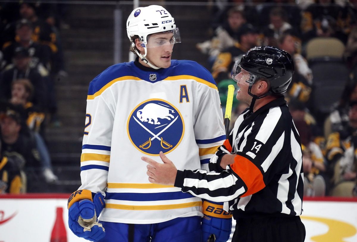 Oct 16, 2024; Pittsburgh, Pennsylvania, USA;  Buffalo Sabres center Tage Thompson (72) talks with referee Trevor Hanson (14) against the Pittsburgh Penguins during the third period at PPG Paints Arena. Mandatory Credit: Charles LeClaire-Imagn Images