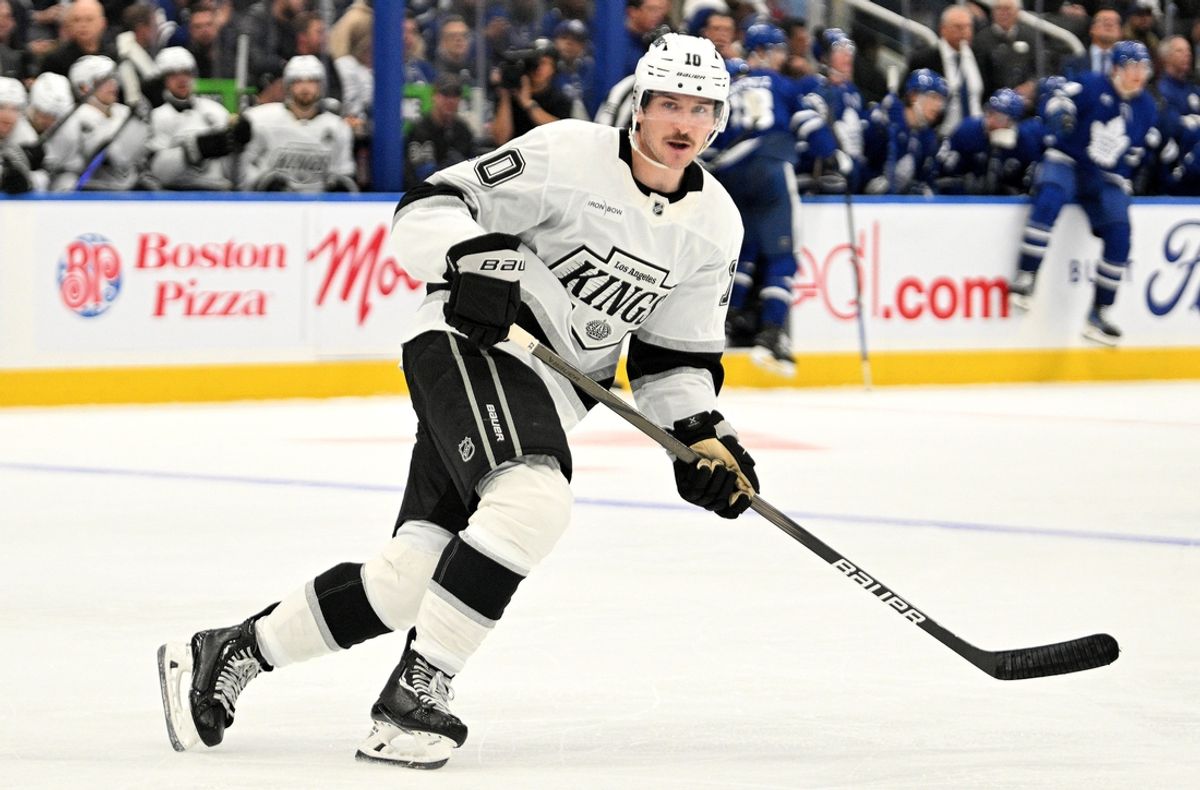 Oct 16, 2024; Toronto, Ontario, CAN;  Los Angeles Kings forward Tanner Jeannot (10) pursues the play against the Toronto Maple Leafs in the second period at Scotiabank Arena. Mandatory Credit: Dan Hamilton-Imagn Images