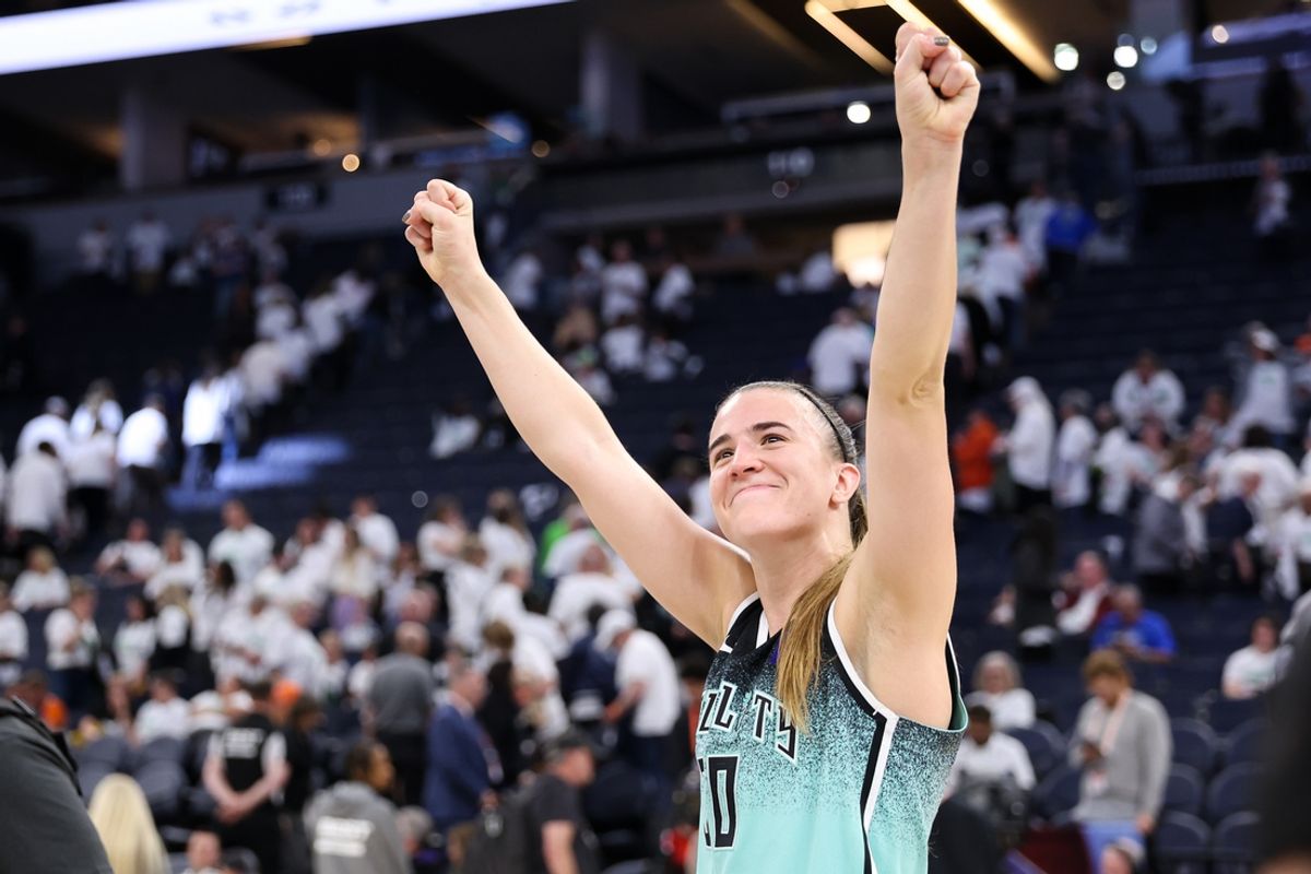 Oct 16, 2024; Minneapolis, Minnesota, USA; New York Liberty guard Sabrina Ionescu (20) celebrates her teams win after game three of the 2024 WNBA Finals against the Minnesota Lynx at Target Center. Mandatory Credit: Matt Krohn-Imagn Images