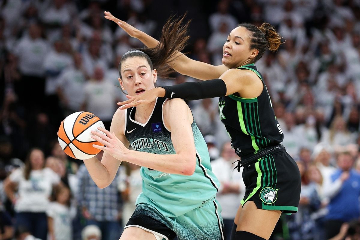 Oct 16, 2024; Minneapolis, Minnesota, USA; Minnesota Lynx forward Napheesa Collier (24) defends against New York Liberty forward Breanna Stewart (30) during the second half of game three of the 2024 WNBA Finals at Target Center. Mandatory Credit: Matt Krohn-Imagn Images