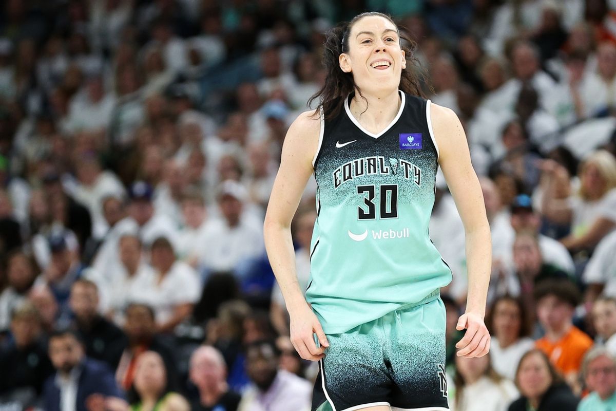 Oct 16, 2024; Minneapolis, Minnesota, USA; New York Liberty forward Breanna Stewart (30) reacts to her shot against the Minnesota Lynx during the second half of game three of the 2024 WNBA Finals at Target Center. Mandatory Credit: Matt Krohn-Imagn Images
